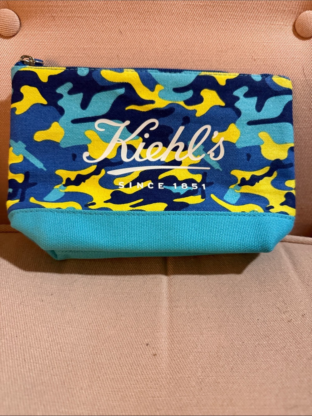 Kiehl's Blue, Yellow & Teal Camouflage Toiletry Bag